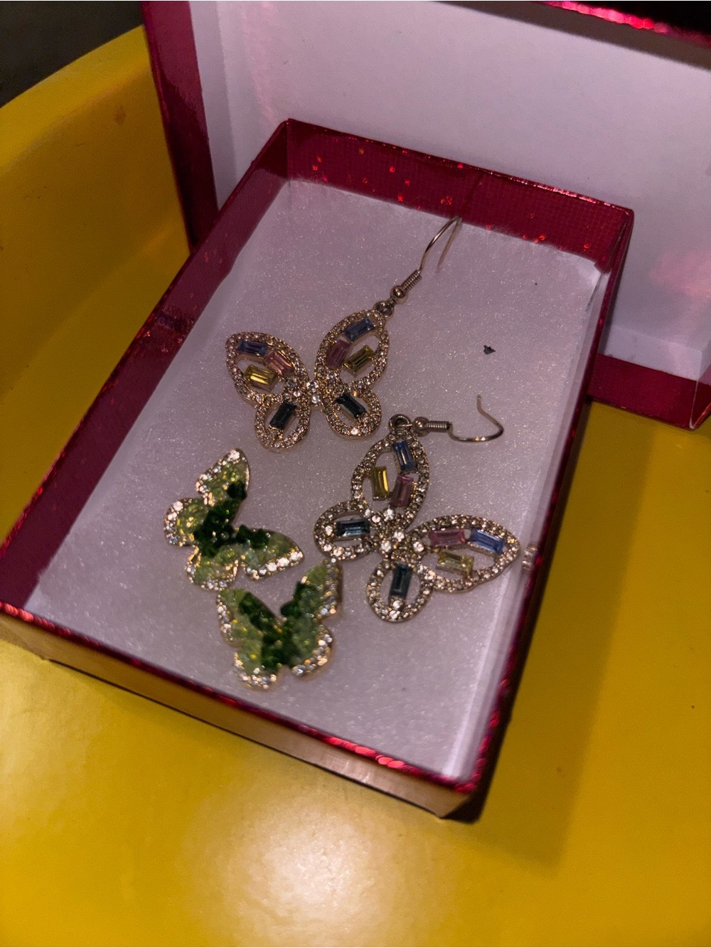 Gold-Tone Butterfly Drop Earrings with Green and Multicolor Crystals